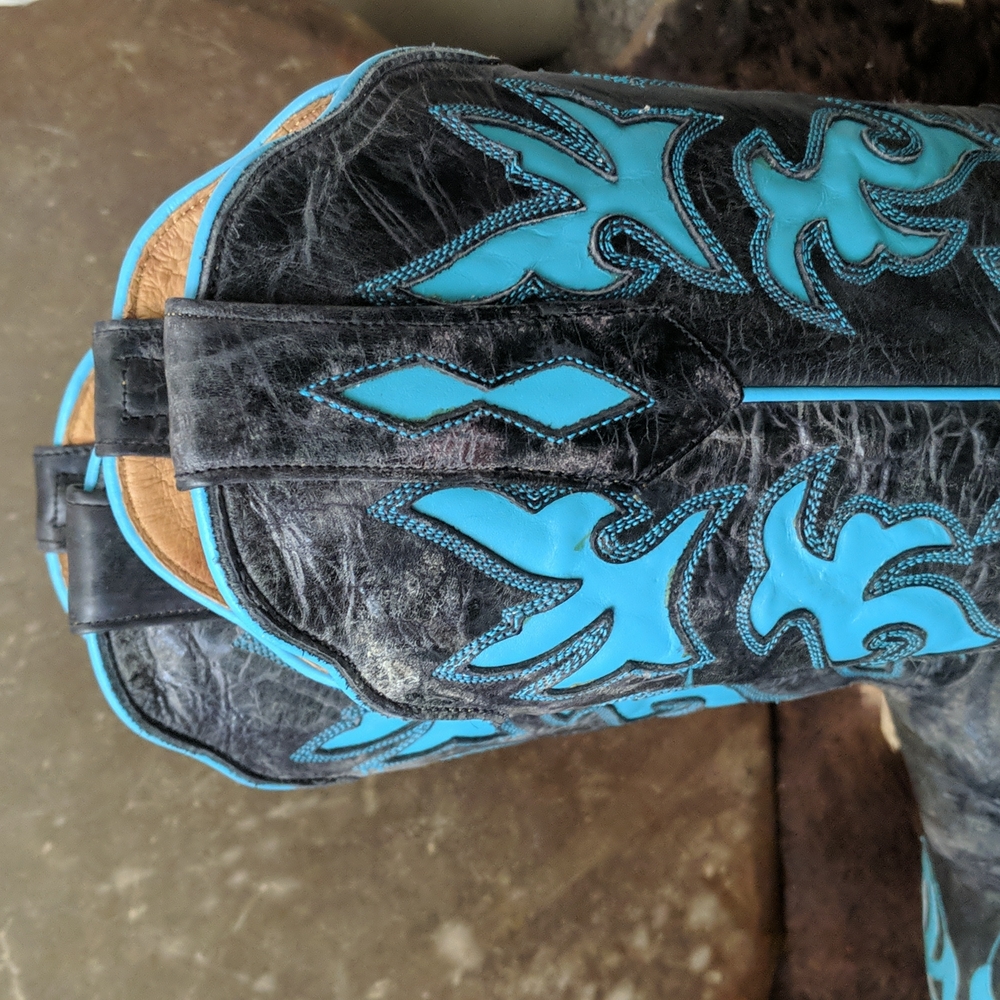 JOHNNY RINGO E1385 charcoal gray & turquoise wing tip boots square toe sz 6.5B - Picture 10 of 16